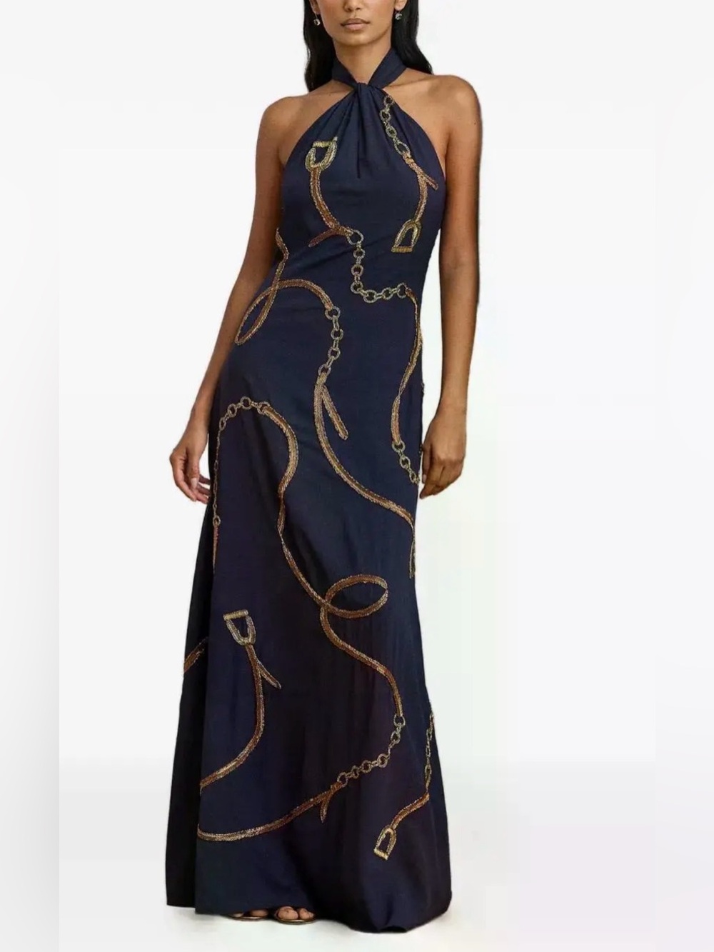 NEW Lauren Ralph Lauren Embellished Sequin Halter Dress, Size 8 Navy Blue